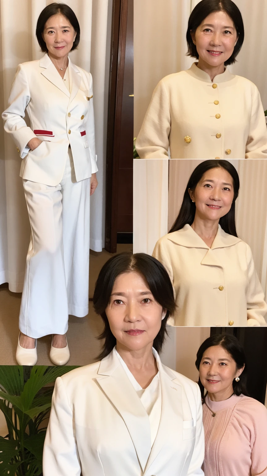60-year-old female, Soft headlight,High-density imaging,(Clean and delicate face),((looking off to the side)),((White suit)),((Various dynamic poses)),((((Half-length photo)))),((White curtains in the background)),best quality,masterpiece,(Soft colors:1.2)