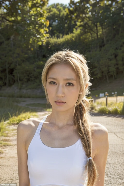 ((masterpiece:1.2, best quality)), 1aldy, Solitary, (Sportswear), Platinum Blonde, Long hair, (top view, Front focus, Look straight ahead), (forehead), jump, Above the waist, Ponytail, Big , us:1.1