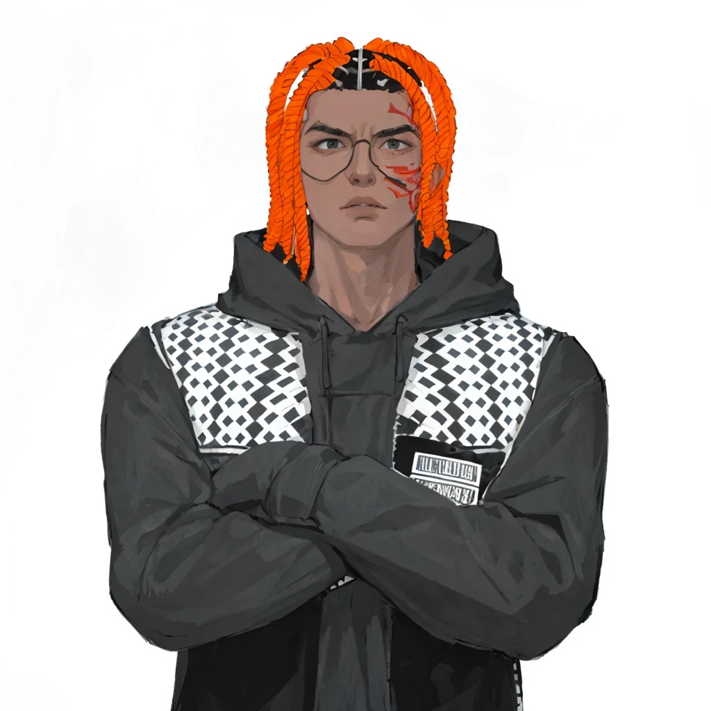 (masterpiece:1.2, best quality), (1men, solo, upper body:1.2),flat face,Hair: buzz cut, Clothing: oversized, distressed denim jacket with patches and pins, paired with black skinny jeans and combat boots, Hanging out in an underground music venue or street art exhibit