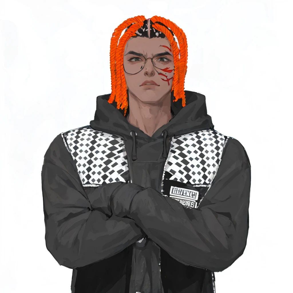 (masterpiece:1.2, best quality), (1men, solo, upper body:1.2),flat face,Hair: buzz cut, Clothing: oversized, distressed denim jacket with patches and pins, paired with black skinny jeans and combat boots, Hanging out in an underground music venue or street art exhibit