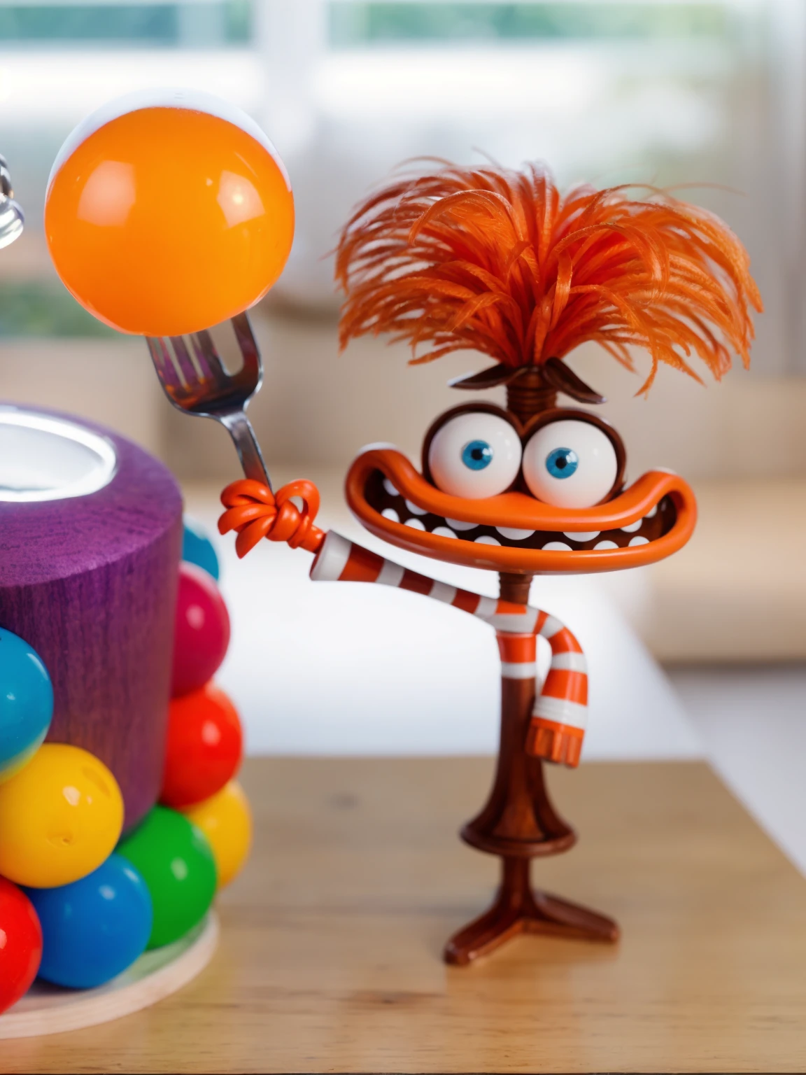 on a wooden table, orange character in a vest is standing, holding a fork with an orange sphere, Contour light, Beautiful light from the window. window in the background, realistic picture, Realistic style, realistic textures, bright lighting, beautiful light source, detailed textures, high quality, A high resolution, macro photography, ultra 4k hd.