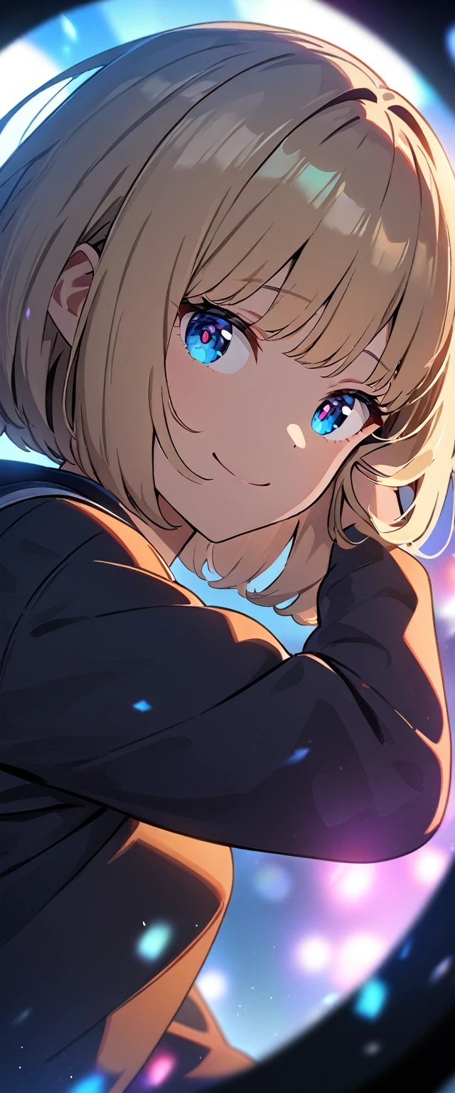 (((One girl))), blond hair, bob cut, (unamused), (looking at viewer), (((blue eye))), (from side), from below, furrowed brow, ((Happy Smile)), hand in own hair, anime style, (best quality, 4k, 8k, highres, masterpiece:1.2), ultra-detailed, ultra-detailed eyes, HDR, UHD, studio lighting, ultra-fine painting, sharp focus, physically-based rendering, extreme detail description, professional, vivid colors, bokeh)