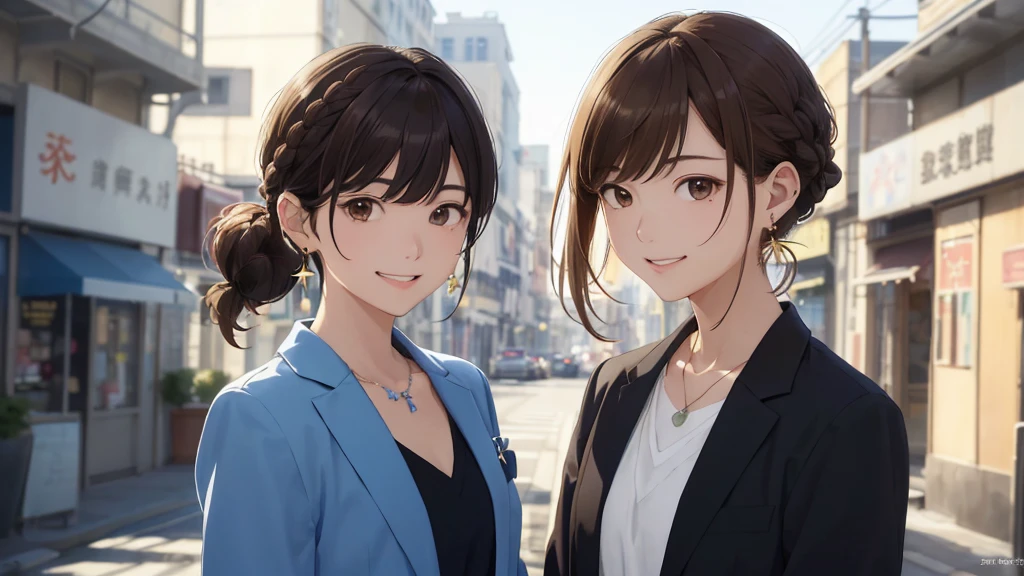 The background is the city、Skyscraper、Busy downtown area(Highest quality、masterpiece、High resolution)、、((Right beside、Woman profile、))、(Detailed depiction of a beautiful face）、Suit jacket、A kind smile、Medium Short Hair、Brown Hair、Braiding、、
information(Highest quality:1.2)、Very detailed、High resolution、masterpiece:1,2、Bright colors、Bokeh、Professional Lighting、Physically Based Rendering、Flat Color:0.8、Fine Illustration、Realistic:1.37、Makoto Shinkai style、Name Style、Light Brown Hair、Elegant update、Short Bob、Young woman、Laugh together、Dynamic poselip、cheek(Dark Brown Hair/)bangs、cheek(direction)、(最高masterpiece1.2)繊細なイラストVery detailed、Break Blue Sky、Detailed Background、20-year-old female、、A shy smile、Through clenched teeth、Clench your teeth、lip、cheek(Flat Color: 0.8)、(masterpiece: 1,2)、(masterpiece: 1,2)、High resolution、超High resolution、Highest quality、High resolution、Ultra-thin illustration、Makoto Shinkai style、Your Name is Style、long hair、Short Bob、necklace、Earrings、Dynamic pose、Selfie、whole body、Brown Hair、Braiding、Hair Bun、ponytail･Hair Bunスタイル、necklace、Valletta、ribbon、Earrings・アニキュア,。
