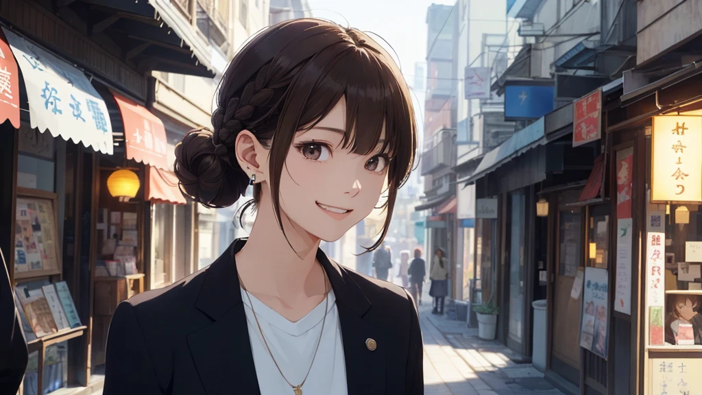 The background is the city、Skyscraper、Busy downtown area(Highest quality、masterpiece、High resolution)、、((Right beside、Woman profile、))、(Detailed depiction of a beautiful face）、Suit jacket、A kind smile、Medium Short Hair、Brown Hair、Braiding、、
information(Highest quality:1.2)、Very detailed、High resolution、masterpiece:1,2、Bright colors、Bokeh、Professional Lighting、Physically Based Rendering、Flat Color:0.8、Fine Illustration、Realistic:1.37、Makoto Shinkai style、Name Style、Light Brown Hair、Elegant update、Short Bob、Young woman、Laugh together、Dynamic poselip、cheek(Dark Brown Hair/)bangs、cheek(direction)、(最高masterpiece1.2)繊細なイラストVery detailed、Break Blue Sky、Detailed Background、20-year-old female、、A shy smile、Through clenched teeth、Clench your teeth、lip、cheek(Flat Color: 0.8)、(masterpiece: 1,2)、(masterpiece: 1,2)、High resolution、超High resolution、Highest quality、High resolution、Ultra-thin illustration、Makoto Shinkai style、Your Name is Style、long hair、Short Bob、necklace、Earrings、Dynamic pose、Selfie、whole body、Brown Hair、Braiding、Hair Bun、ponytail･Hair Bunスタイル、necklace、Valletta、ribbon、Earrings・アニキュア,。
