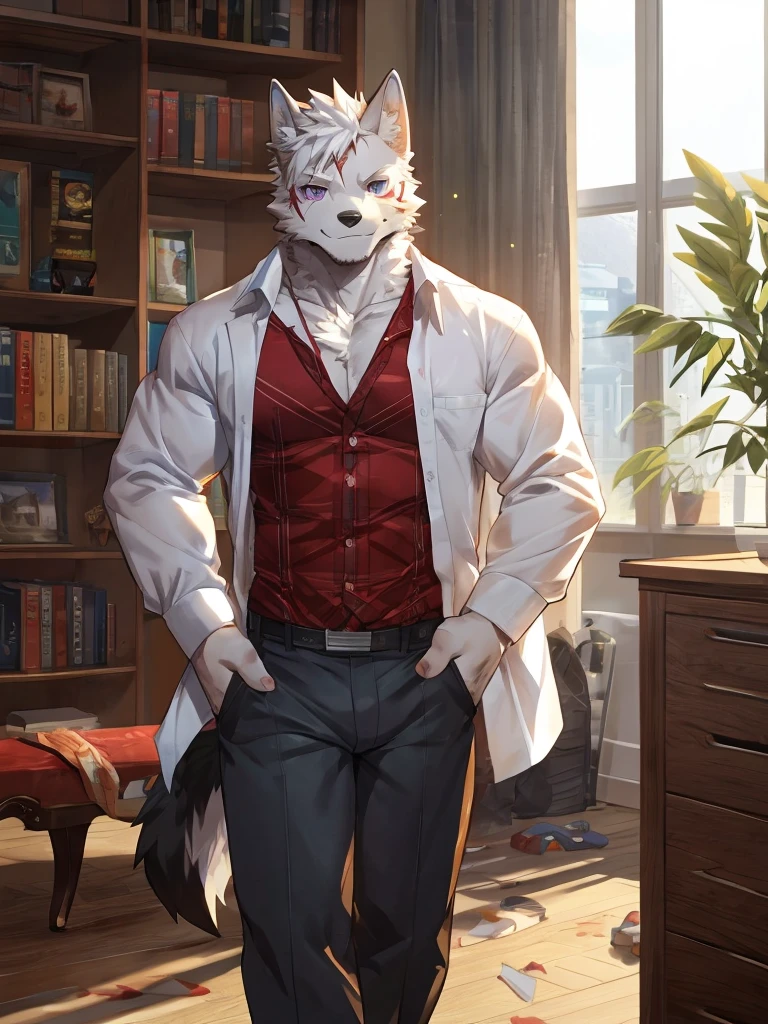 embedding:black wolf, male,purple eyes,Scar on the face, scar on the body,Single person,The fur on the chest and abdomen is white.Inside the apartment,Elder brother.Modern apartment, clean and tidy.casual Shirt,Casual pants,Formal, everyday,A mild expression,Maturity,The highest quality of scene detail,adult,Tall and powerful,muscle,Best quality hands, best quality eye,detailed fur,Delicate eyes.Extreme picture quality,by sollyz,by zixiong,by milkytiger1145