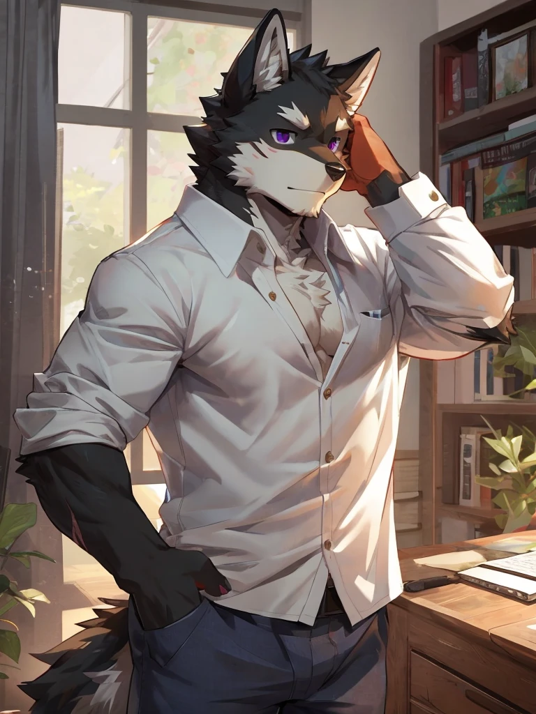 embedding:black wolf, male,purple eyes,Scar on the face, scar on the body,Single person，The fur on the chest and abdomen is white.Inside the apartment,Elder brother.Modern apartment, clean and tidy.casual Shirt，Casual pants,Formal, everyday,A mild expression,Maturity,The highest quality of scene detail,adult,Tall and powerful,muscle，Best quality hands, best quality eye，detailed fur，Delicate eyes.Extreme picture quality，by sollyz,by zixiong,by milkytiger1145