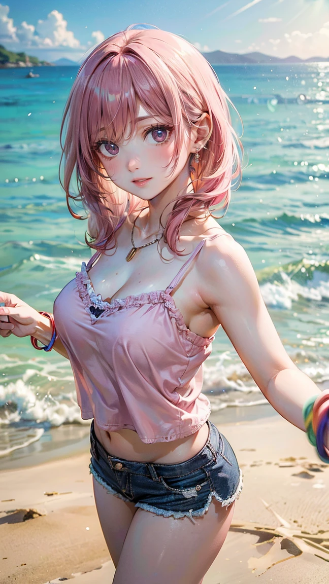 (Masterpiece, BestQuality:1.3), (ultra detailed:1.2), (hyperrealistic:1.3), (RAW photo:1.2), High detail RAW color photo, professional photograph, (Photorealistic:1.4), (realistic:1.4), professional lighting, perfect anatomy, (Big Breasts:1.2), (blush, detailed face), (cheerful Smile:1.5), Trending Hair&Trending Hairカラーをランダムに, earrings, necklace, bracelet, sexly, erotic sexly, Random sexy gravure poses, (A pink-haired woman wearing a camisole and shorts at a beach party、Dancing energetically。:1.3)