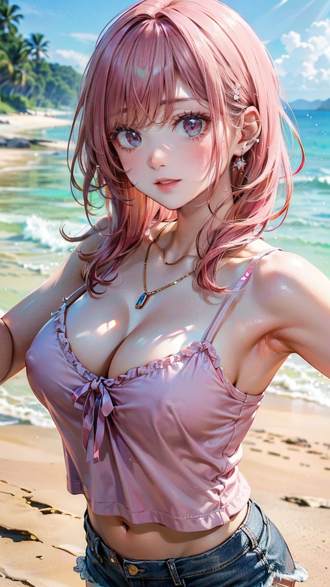 (Masterpiece, BestQuality:1.3), (ultra detailed:1.2), (hyperrealistic:1.3), (RAW photo:1.2), High detail RAW color photo, professional photograph, (Photorealistic:1.4), (realistic:1.4), professional lighting, perfect anatomy, (Big Breasts:1.2), (blush, detailed face), (cheerful Smile:1.5), Trending Hair&Trending Hairカラーをランダムに, earrings, necklace, bracelet, sexly, erotic sexly, Random sexy gravure poses, (A pink-haired woman wearing a camisole and shorts at a beach party、Dancing energetically。:1.3)