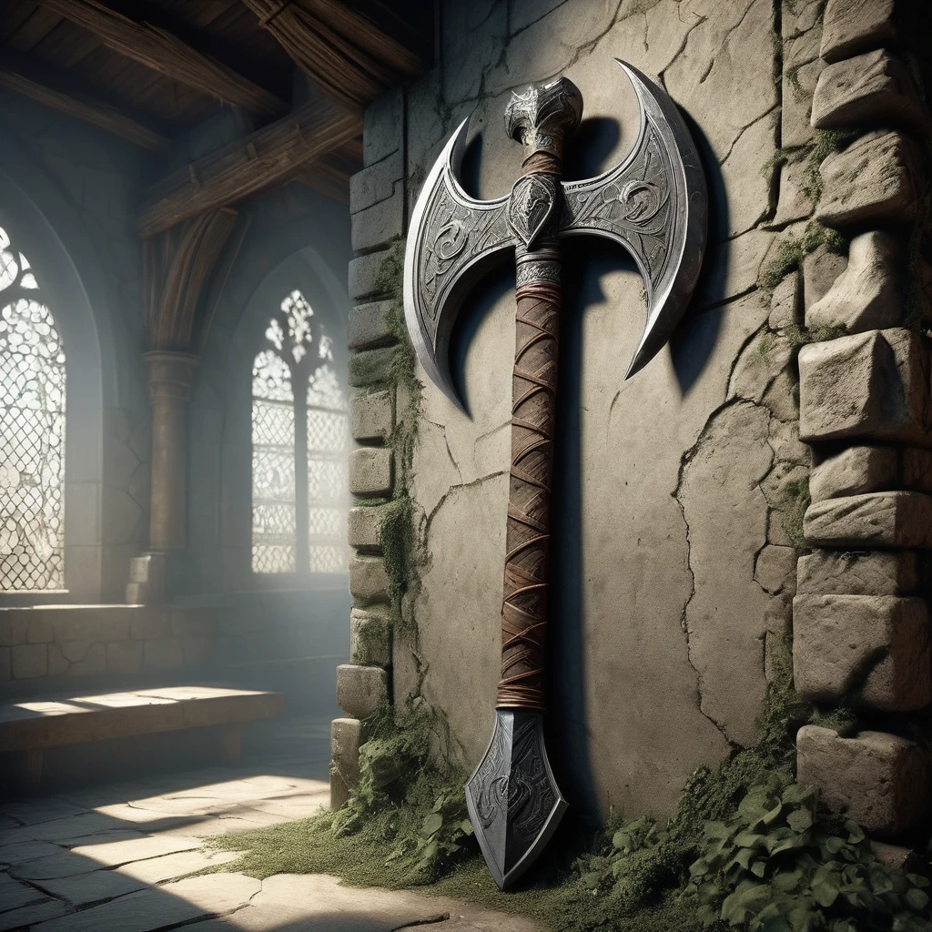 Picture a medieval fantasy axe leaning against a weathered stone wall in the corner of an empty, dimly lit chamber. The axe's haft is crafted from ancient oak, its surface adorned with intricate carvings that tell tales of heroic deeds and mythical beasts. The head of the axe is forged from a rare, enchanted metal, its edge honed to a razor-sharpness that glints faintly in the soft light filtering through a narrow window. Dust motes dance in the air, casting ephemeral shadows that seem to flicker across the walls adorned with faded tapestries depicting battles of old. In the silence of the room, the axe stands as a testament to both the craftsmanship of bygone eras and the untold adventures it may yet partake in a medieval fantasy realm."