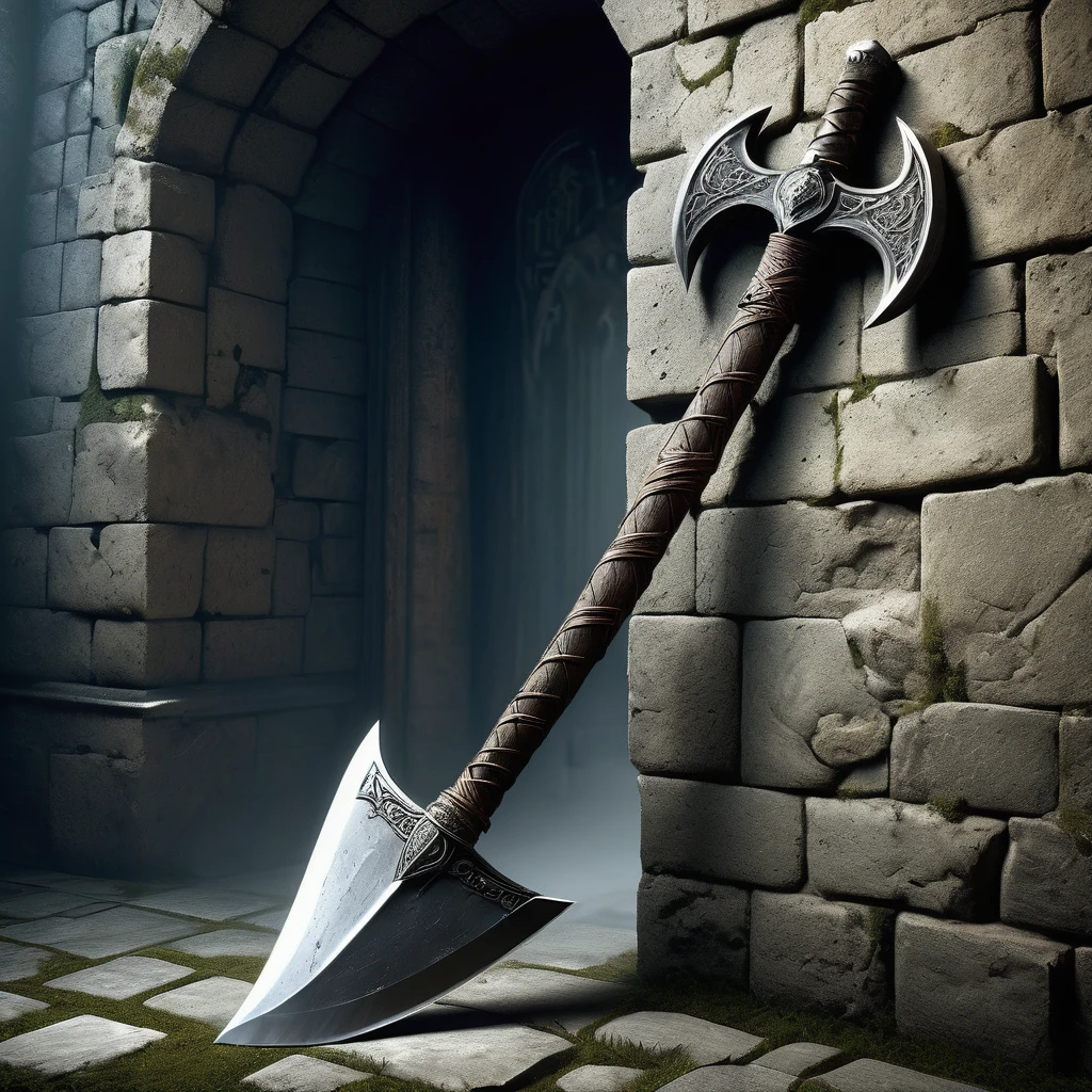 Picture a medieval fantasy axe leaning against a weathered stone wall in the corner of an empty, dimly lit chamber. The axe's haft is crafted from ancient oak, its surface adorned with intricate carvings that tell tales of heroic deeds and mythical beasts. The head of the axe is forged from a rare, enchanted metal, its edge honed to a razor-sharpness that glints faintly in the soft light filtering through a narrow window. Dust motes dance in the air, casting ephemeral shadows that seem to flicker across the walls adorned with faded tapestries depicting battles of old. In the silence of the room, the axe stands as a testament to both the craftsmanship of bygone eras and the untold adventures it may yet partake in a medieval fantasy realm."