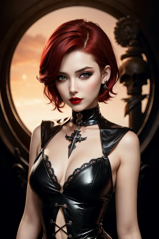 1 girl, short red hair, short pixie cut, dungeon, dark, dimmed light, gothic, dark erotic fantasy, off shoulder black sweater, lace choker, big breasts, exposing deep cleavage