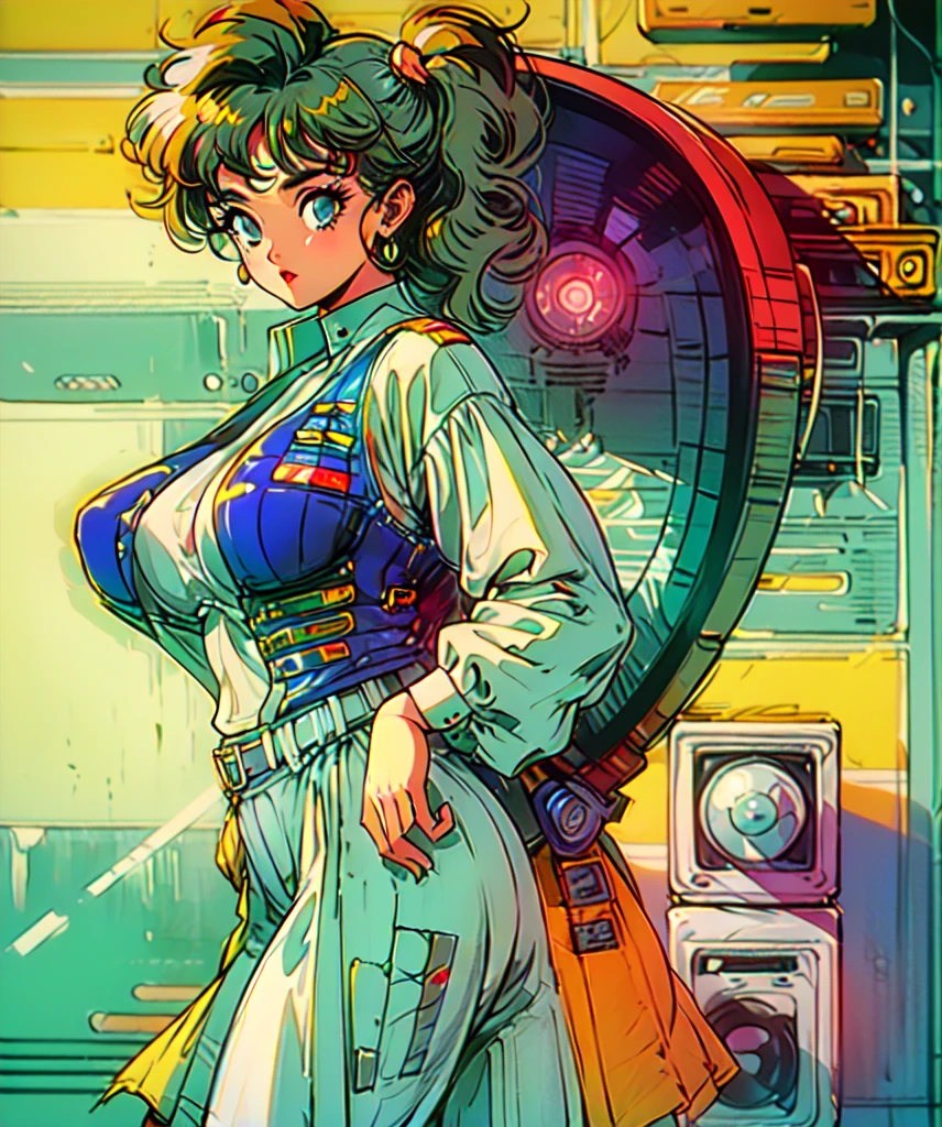 (80's, retro, city pop poster:1.5), (album cover), (masterpiece, best quality), (anime, illustration), (pastel colors:1.4), 
best photo pose, dynamic angle,
19 years old, large breasts, triple D cup breasts, sexy, horny, round buttocks, bubbly buttocks, wide hips, bubbly ass, fit and strong, slender body, white hair, side cut, tattoo on temple, solo, perfect detail eyes, delicate face, 
high fashion, 