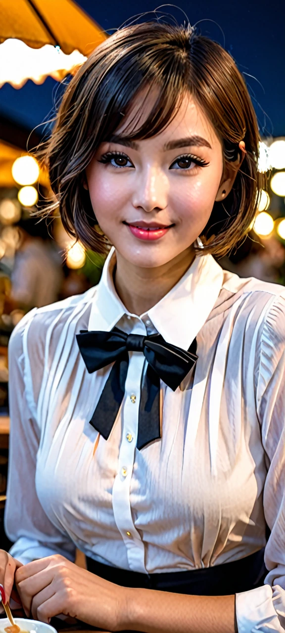 (8k, RAW photo, best quality, masterpiece:1.2), (realistic, photo-realistic:1.37), ultra-detailed,
1 woman, solo,beautiful detailed sky,detailed cafe,night,sitting,dating,(nose blush),(smile:1.1),(closed mouth),large breasts, seductive smile, large aparture, professional lighting, Sony A7R4, Zessie 50mm F1.8,
medium breasts,beautiful detailed eyes,(collared shirt:1.1), bowtie,pleated skirt,(short hair:1.2),floating hair 