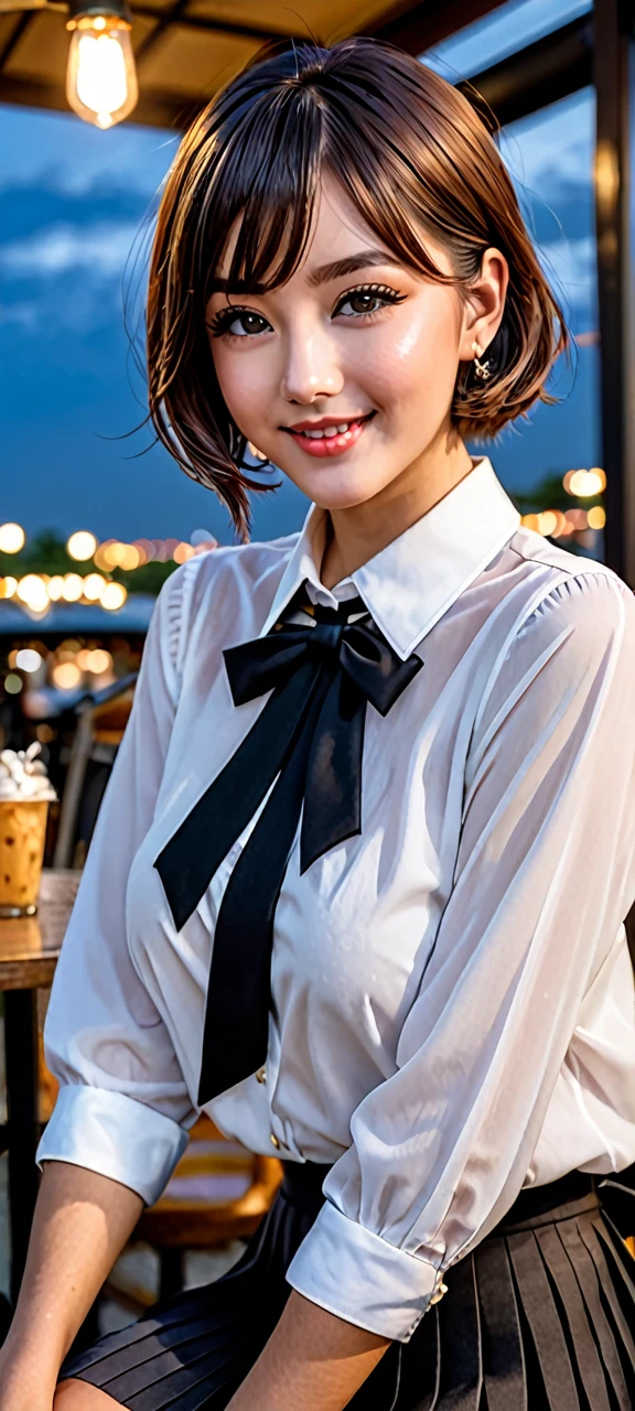 (8k, RAW photo, best quality, masterpiece:1.2), (realistic, photo-realistic:1.37), ultra-detailed,
1 woman, solo,beautiful detailed sky,detailed cafe,night,sitting,dating,(nose blush),(smile:1.1),(closed mouth),large breasts, seductive smile, large aparture, professional lighting, Sony A7R4, Zessie 50mm F1.8,
medium breasts,beautiful detailed eyes,(collared shirt:1.1), bowtie,pleated skirt,(short hair:1.2),floating hair 