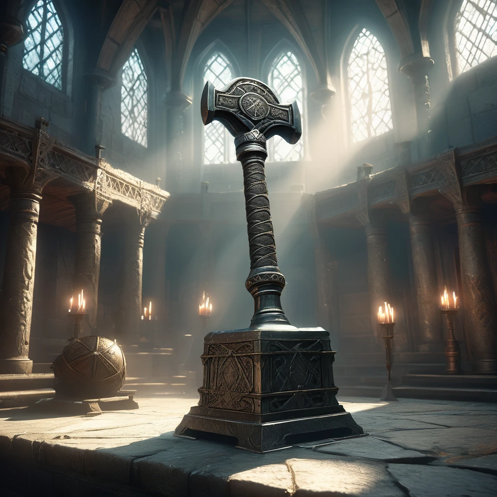 Visualize a medieval fantasy hammer resting atop a weathered stone pedestal in the center of an empty, ancient chamber. The hammer's handle is hewn from sturdy oak, wrapped in supple leather adorned with intricate runes that faintly shimmer with arcane power. Its head, forged from an ancient, enchanted metal, gleams with a dull silver sheen and is inscribed with symbols of protection and strength. Dust motes dance in the air, illuminated by faint rays of sunlight filtering through a high, arched window. The room is lined with towering shelves filled with dusty tomes and artifacts from forgotten ages, hinting at the hammer's storied history. Capture the solemn atmosphere of this chamber, where the mystical hammer awaits a destined hero to wield it against the encroaching darkness of a medieval fantasy world."