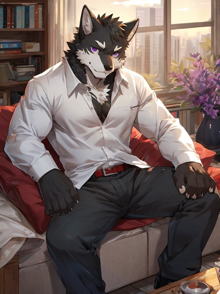 embedding:black wolf, male,purple eyes,Scar on the face, scar on the body,Single person，The fur on the chest and abdomen is white.Inside the apartment,Elder brother.Modern apartment, clean and tidy.casual Shirt，Casual pants,Formal, everyday,A mild expression,Maturity,The highest quality of scene detail,adult,Tall and powerful,muscle，Best quality hands, best quality eye，detailed fur，Delicate eyes.Extreme picture quality，by sollyz,by zixiong,by milkytiger1145