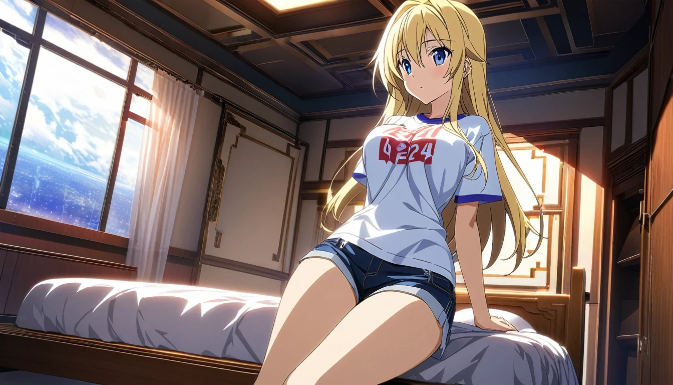 ((Anime Infinite Stratos Art)), 8k, ultra full high definition. The year is 2024. The theme is supernatural.  The setting is a 25m² room, the walls are white, the ceiling has friezes with 3000k LED that completely illuminates the setting, the floor is wooden, there is a wooden double bed with a light pink cover, a wooden nightstand next to.  There is a girl, she is lying on the bed on her back, she is 15 years old, short height(short:1.7), blonde(long:1.9) hair(bright:1.9) messy, blue eyes(bright:1.9), face wonderful, thin body(thin:1.9), large and round breasts, thin waist(thin:1.9), large and round ass, wide hips, slender thighs, wearing shorts(short: 1.4) jeans with an open zipper, wearing a t-shirt(short:1.4) white, she is embarrassed.  The atmosphere is sensual and mysterious.  full view of the scene.