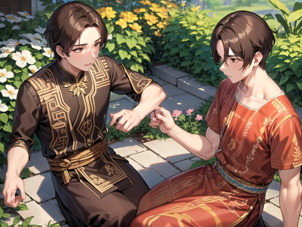 1man, a man with short brown hair, brown eyes, using batik clothes on garden set
