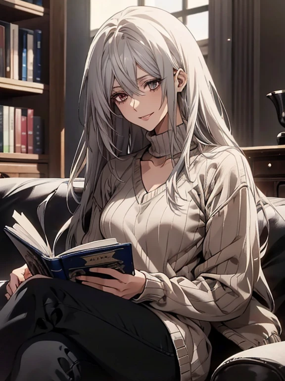 (Confused, High resolution, Very detailed), 1 female, Silver Hair,Long Hair,Reddish brown eyes,Blue V-Neck Sweater,Jacket,Black skinny pants,24th generation,beauty,mature,thin,quiet,Calm,talk,sofa,Book,In the middle of reading,Blue V-Neck Sweater,,Modest smile
