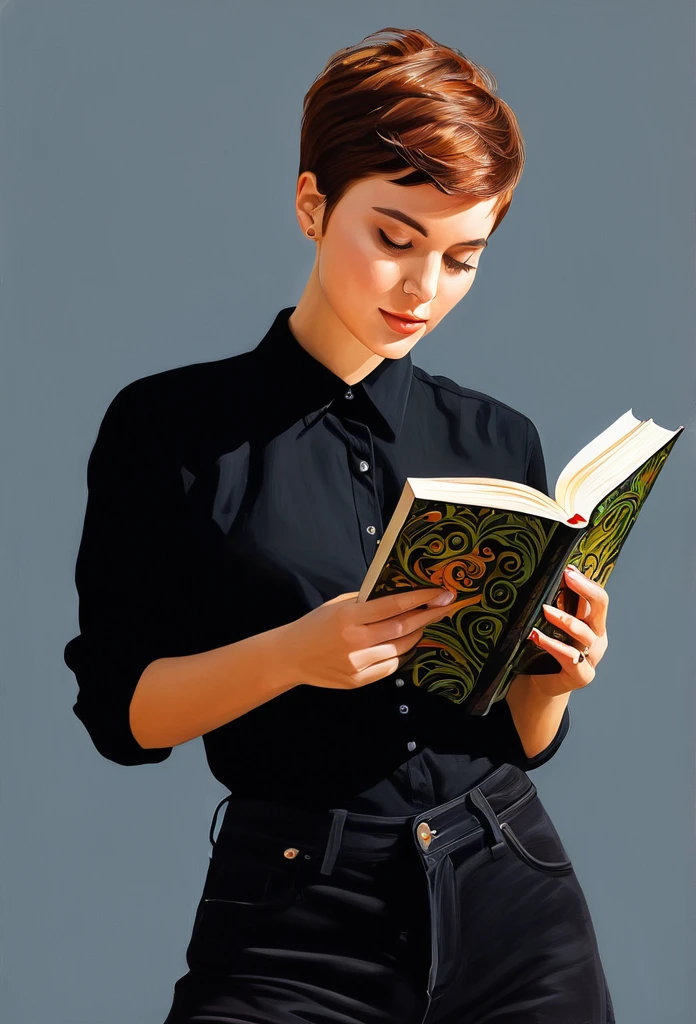 create a woman with pixie cut hair ,with black shirt , reading a masterpiece book, estilo illustration de Ali Erturk, high detail, hyperrealistic, natural light,illustration , Bright colors