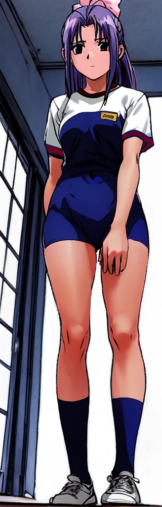 Momoko Koigakubo, a tall girl with beautiful legs, is standing with her legs spread to the sides in a white gym uniform and light navy blue bloomers that look like panties.。This is the angle looking up from below。