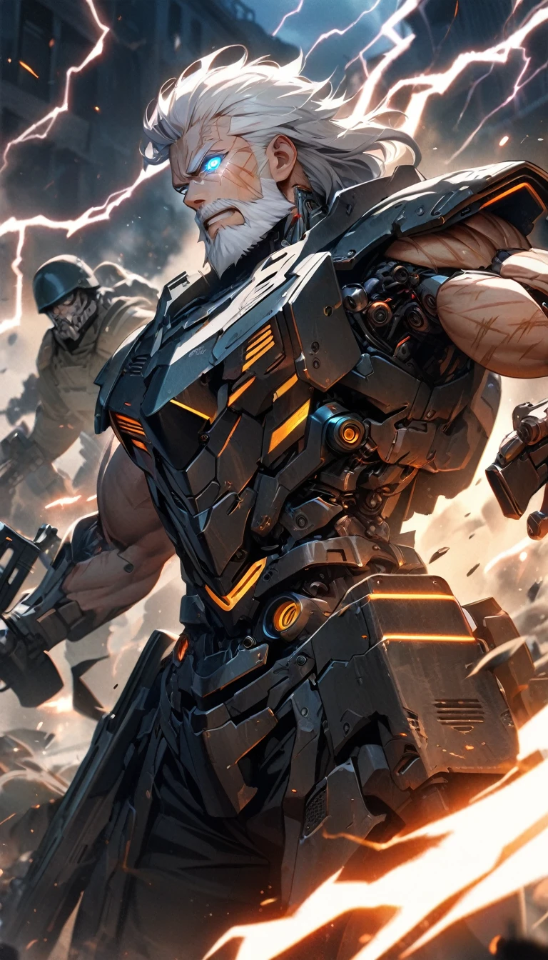 Adult man, short white hair, beard, blue eyes, cyborg, cyber eye, soldier, battle form, battle armor, sleeveless, muscles, scars, lightning, guns, Masterpiece, best quality, Full HD, 8k, ultra details, great graphic
