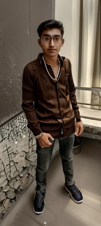 1 boy in, age18, Solo, Long hair, Colossal , Looking at Viewer, black hair, Bare shoulders, Brown eyes, jewely, Full body, a necklace, off shoulders, Sweaters, Realistic,
