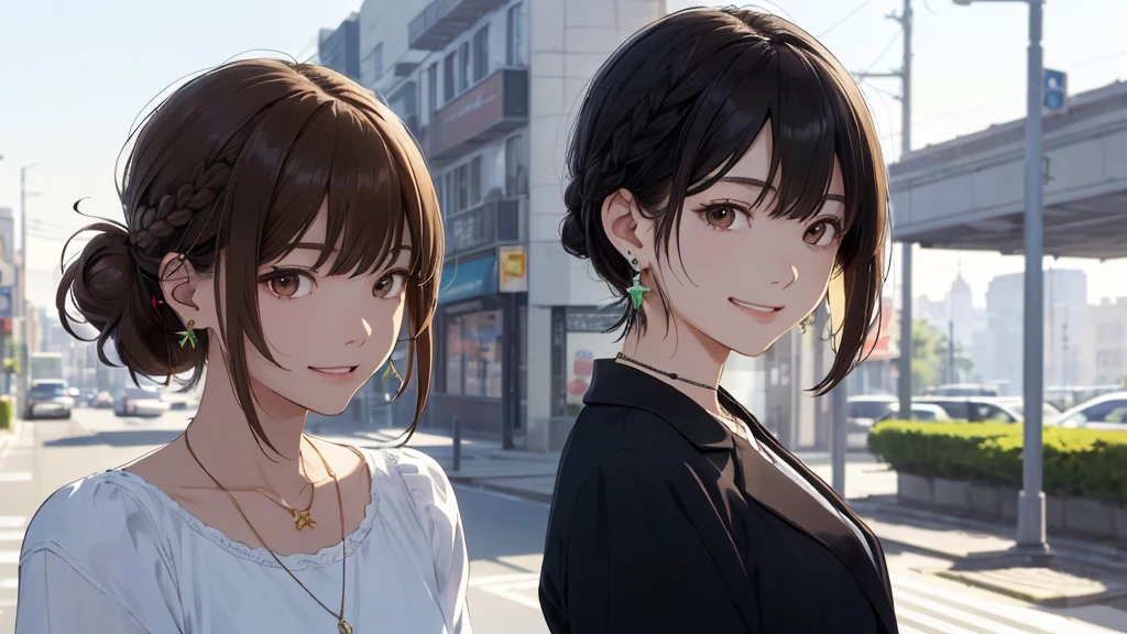 The background is the city、Skyscraper、Busy downtown area、Time: noon、Highest quality、masterpiece、High resolution)、、((Right beside、Woman profile、))、(Detailed depiction of a beautiful face)、Suit jacket、A kind smile、Medium Short Hair、Brown Hair、Braiding、、
information(Highest quality:1.2)、Very detailed、High resolution、masterpiece:1,2、Bright colors、Bokeh、Professional Lighting、Physically Based Rendering、Flat Color:0.8、Fine Illustration、Realistic:1.37、Makoto Shinkai style、Name Style、Light Brown Hair、Elegant update、Short Bob、Young woman、Laugh together、Dynamic poselip、cheek(Dark Brown Hair/)bangs、cheek(direction)、(最高masterpiece1.2)繊細なイラストVery detailed、Break Blue Sky、Detailed Background、20-year-old female、、A shy smile、Through clenched teeth、Clench your teeth、lip、cheek(Flat Color: 0.8)、(masterpiece: 1,2)、(masterpiece: 1,2)、High resolution、超High resolution、Highest quality、High resolution、Ultra-thin illustration、Makoto Shinkai style、Your Name is Style、long hair、Short Bob、necklace、Earrings、Dynamic pose、Selfie、whole body、Brown Hair、Braiding、Hair Bun、ponytail・Hair Bunスタイル、necklace、Valletta、ribbon、Earrings・アニキュア,。