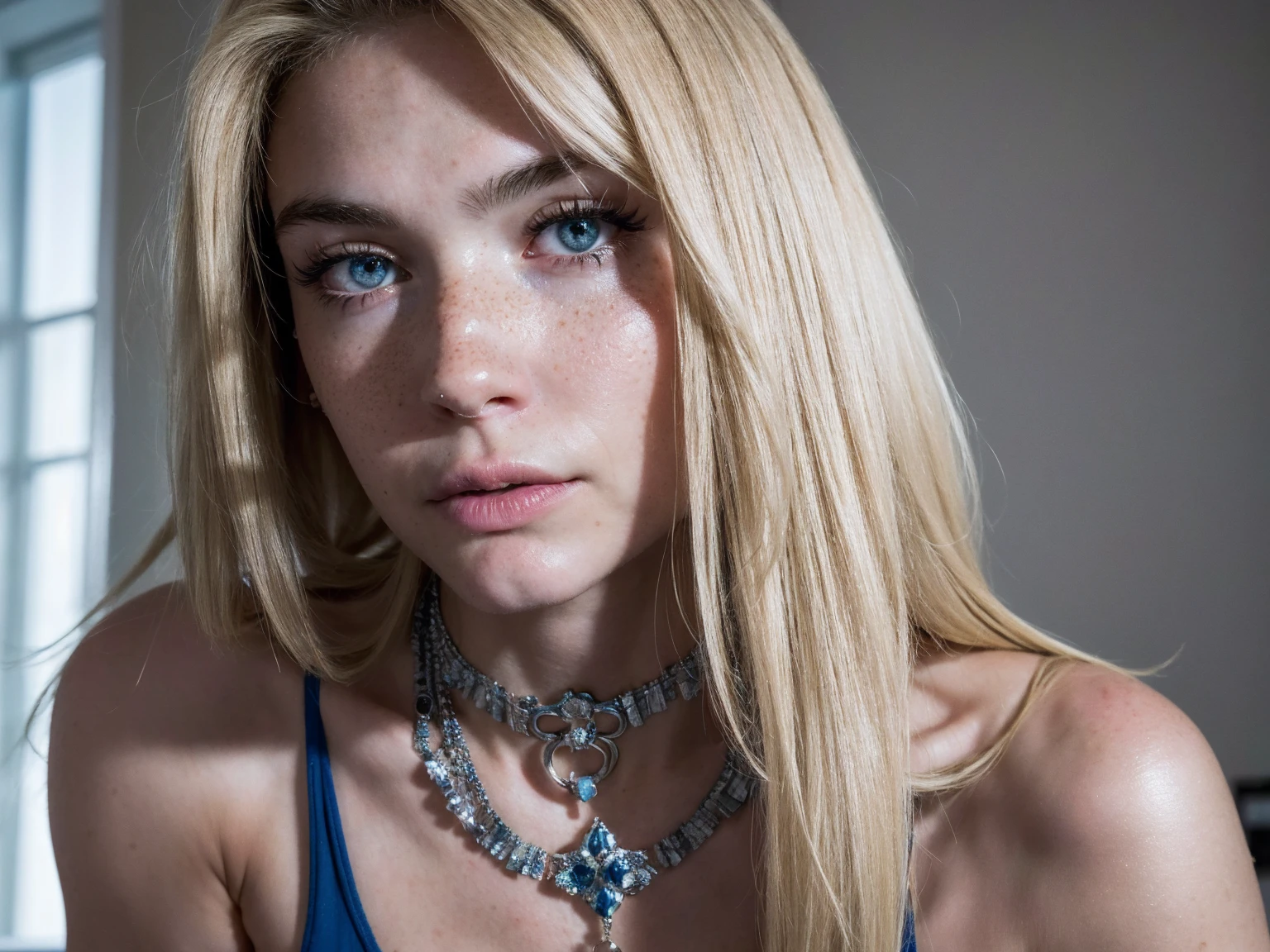 (Selfie 1.4), RAW UHD of 1 18 year old blonde, blue colored eyes, photo in the living room of the house, breasts big (neckleace), detaileds ( fabric, body hair, sheen, Farbe), glare eyes (alto nível de detaileds complexos) (looking at the camera), SLR Lighting, ultra quality, sharpening, Depth of field, fully body, light freckles on the face, ultra realistic 8k