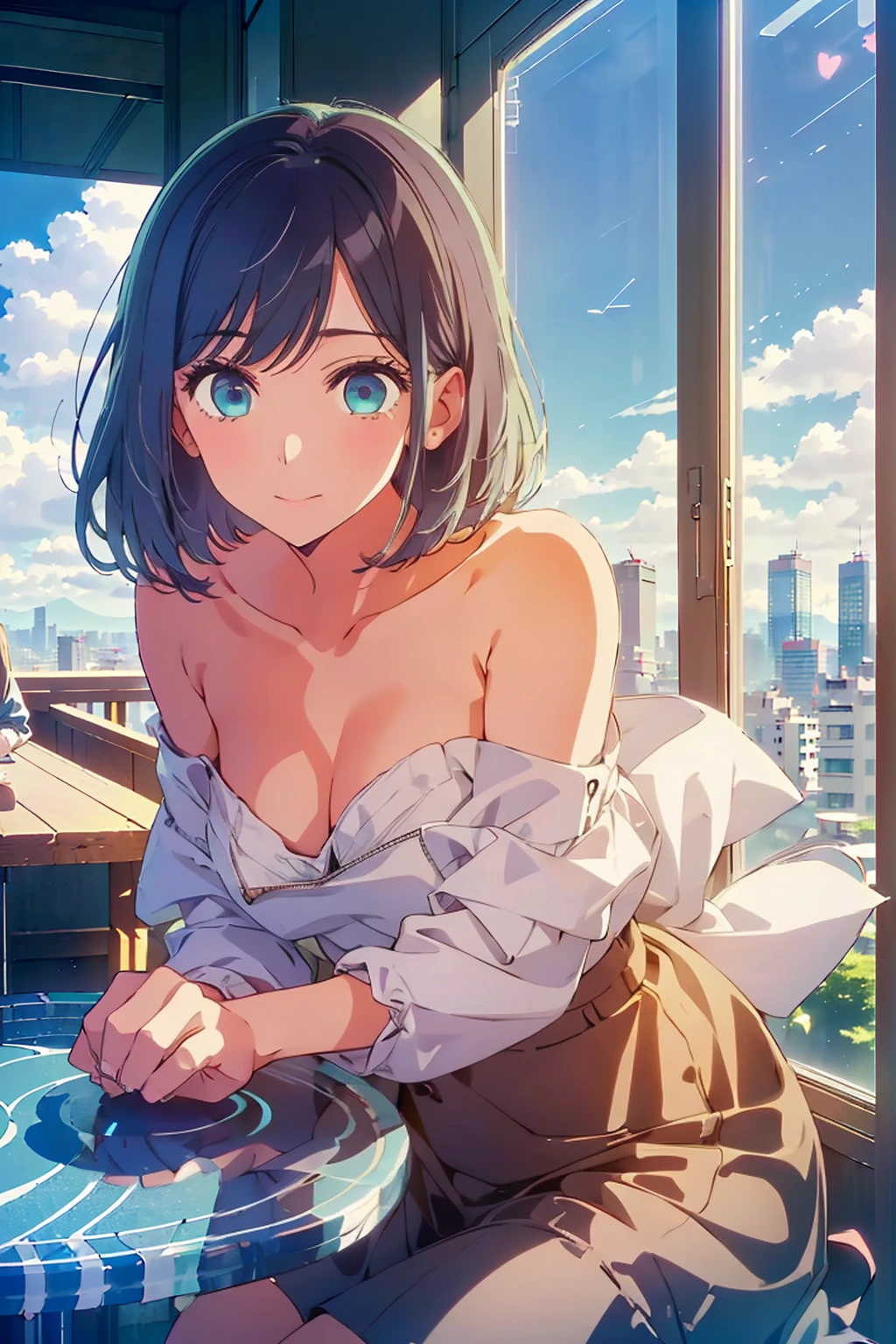 (Highest quality:1.4、8K:1.4、detailed)、F cup bust、Big Breasts、Slim body、Very white beautiful skin、((((1 person、smile、Surprised expression、sit、Chair、In the background are the urban buildings of Tokyo、looking at the camera、Indoor cafe terrace、Navy hair color、Straight Long Hair、juice、Shooting up close、Shooting from an angle、table、Very cute face))))、((((nude、Areola))))、(((Off-the-shoulder blouson)))、(Pose with hair tucked behind ears with both hands:1.4)、Nipples、Very blue sky、A completely cloudless sky