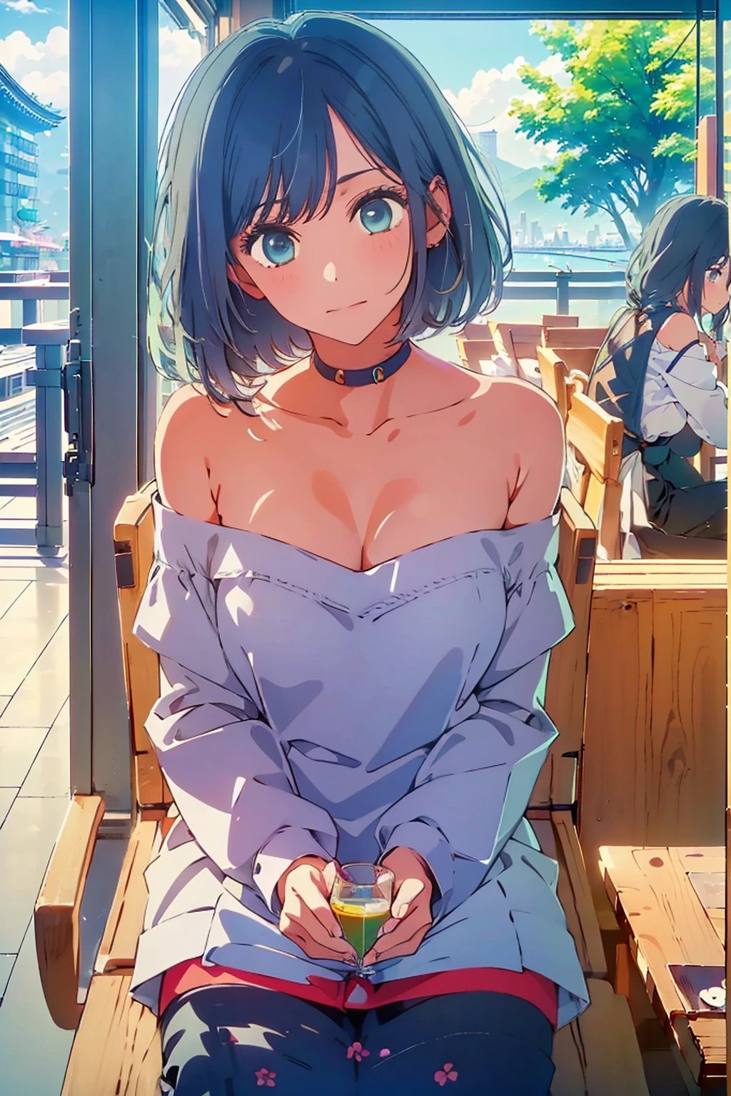 (Highest quality:1.4、8K:1.4、detailed)、F cup bust、Big Breasts、Slim body、Very white beautiful skin、((((1 person、Surprised expression、sit、Chair、In the background are the urban buildings of Tokyo、looking at the camera、Outdoor café terrace、Navy hair color、juice、table、Very cute face))))、((((nude、Areola、Nipples))))、(Pose with hair tucked behind ears with both hands:1.4、Cheek resting on hand:1.4)、((((Off-the-shoulder black blouson with zipper))))、Very blue sky、A completely cloudless sky