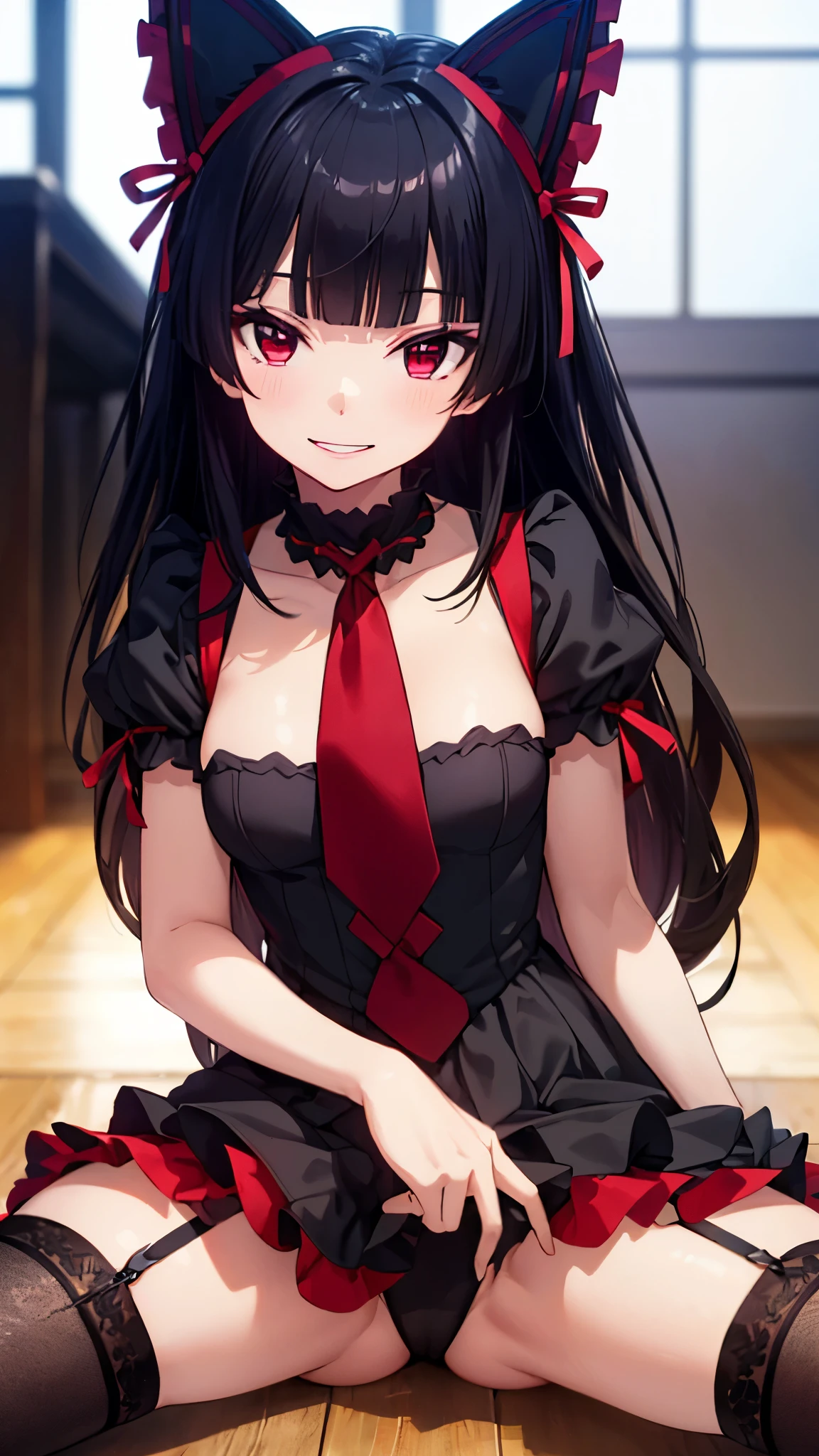 (upper body:1.3),rory mercury, long hair, black hair, (red eyes:1.3), bangs, blunt bangs, hime cut,thighhighs, bow, ribbon, hair ribbon, garter straps, dress, black dress, puffy sleeves, frills, detached sleeves, necktie, red necktie, lipstick, purple lipstick,(chibi),(upper body:1.3),blush,evil grin,(spread legs:1.3),masterpiece,Noise Reduction,perfect anatomy,high resolution, ultra-detailed,game cg,dutch angle ,beautiful detailed eyes,visualart,five fingers, perfect hands, perfect lighting,
