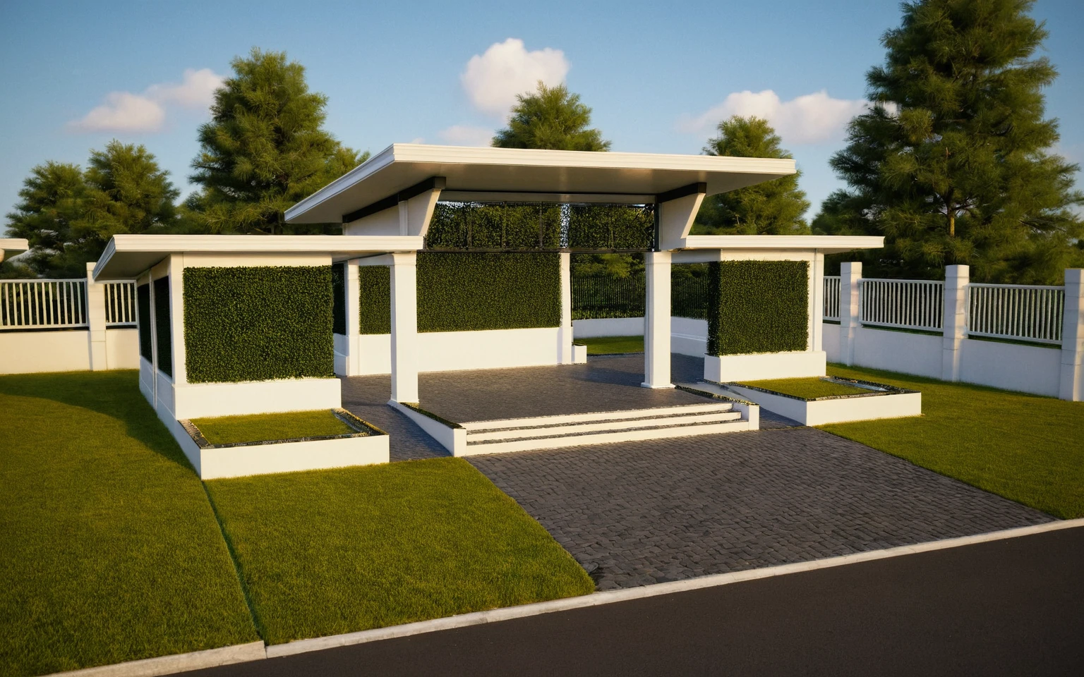Masterpiece, high quality, best quality, authentic, super detail, outdoors, huts style neoclassic, bietthuhn, black steel, white wall, gate road, pavement, grass, trees, blue sky, sunset, cloud, (day:1.1), realistic lighting