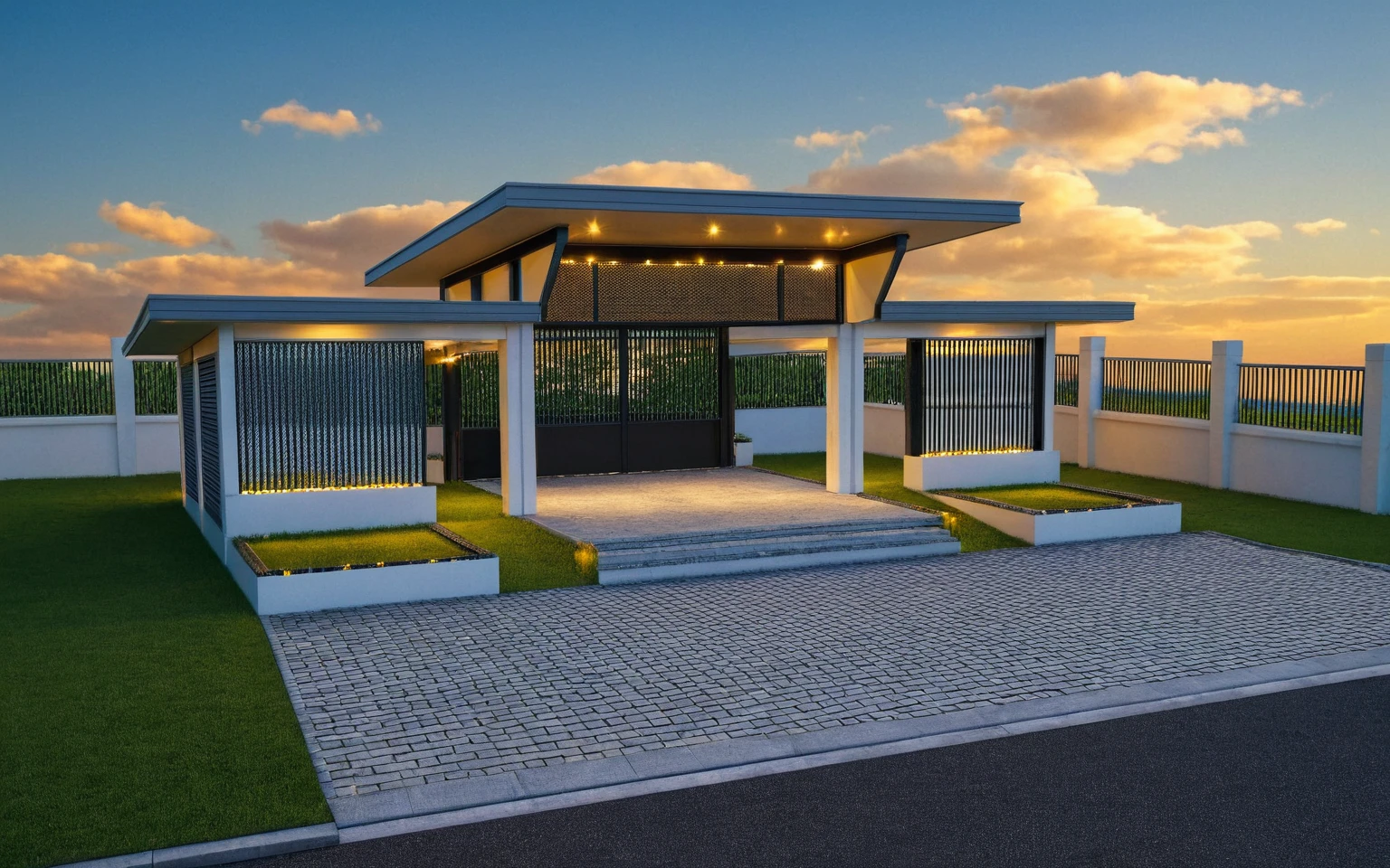 Masterpiece, high quality, best quality, authentic, super detail, outdoors, huts style neoclassic, bietthuhn, black steel, white wall, gate road, pavement, grass, trees, blue sky, sunset, cloud, (day:1.1), realistic lighting