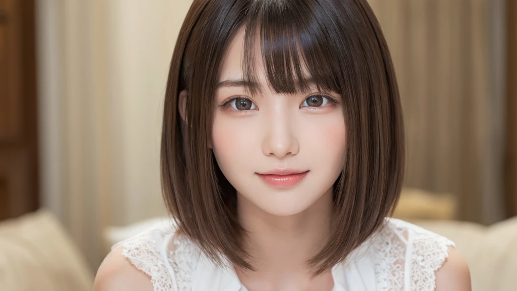 (Highest quality, masterpiece), Browsing Caution, One Girl, (beautiful girl, Delicate girl:1.3), (14 years old:1.3), break, Very beautiful eyes, (Symmetrical eyes:1.3), break, Large Breasts, Brown eyes, Parted bangs, Short Bob, (Upper teeth, The best smile:0.2), break, (Eye and facial details:1.0), break, (masterpiece, Highest quality, Very detailed, Detailed face, 8K),Fluffy hair,Beautiful black hair,White blouse,