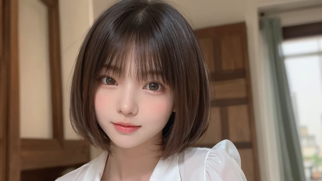 (Highest quality, masterpiece), Browsing Caution, One Girl, (beautiful girl, Delicate girl:1.3), (:1.3), break, Very beautiful eyes, (Symmetrical eyes:1.3), break, Large Breasts, Brown eyes, Parted bangs, Short Bob, (Upper teeth, The best smile:0.2), break, (Eye and facial details:1.0), break, (masterpiece, Highest quality, Very detailed, Detailed face, 8K),Fluffy hair,Beautiful black hair,White blouse,