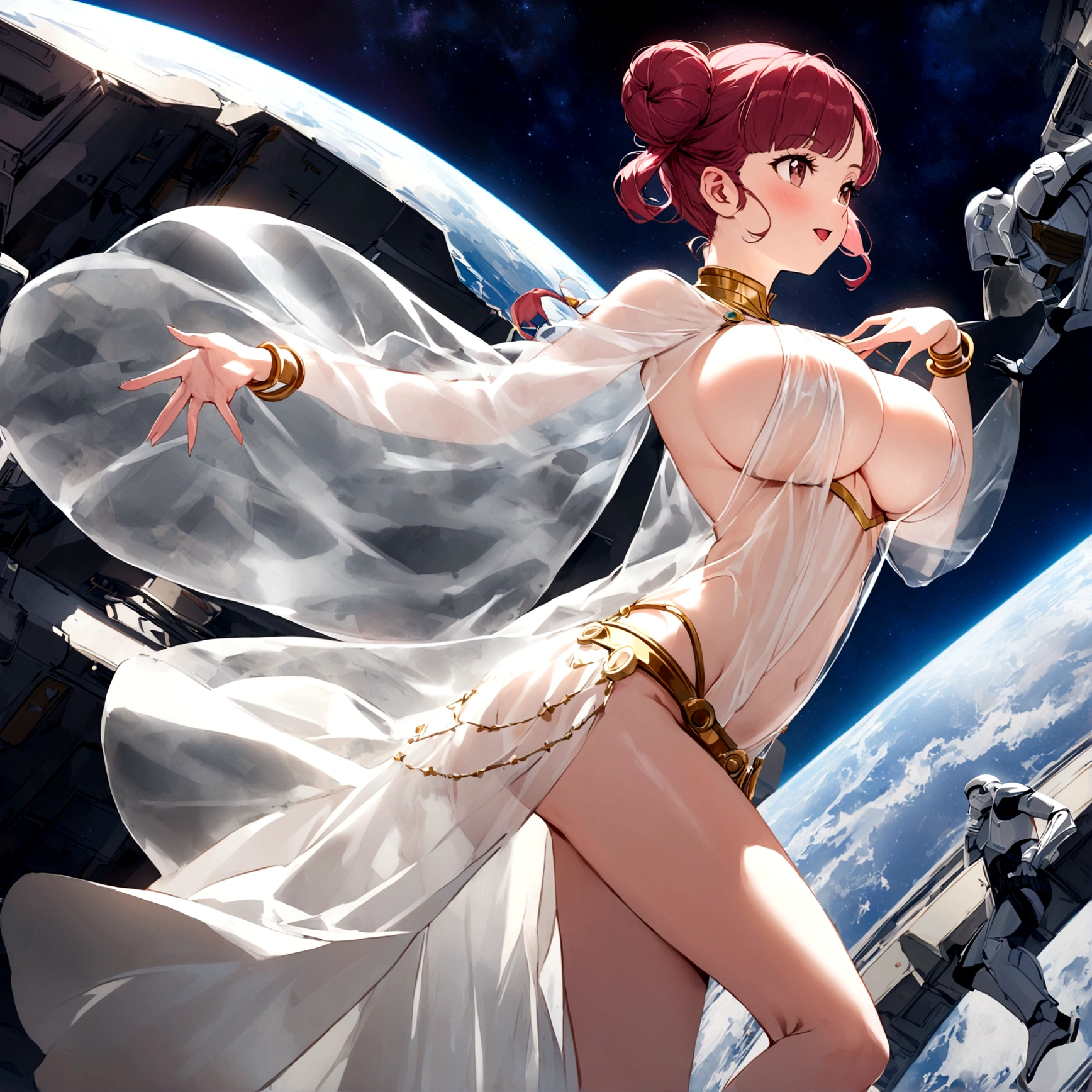Hitomi Tanaka as Princess Leia, (translucent white sheer gown extremely revealing, iconic side bun hairdo,) she is making dramatic poses as she flees stormtroopers, on a space station