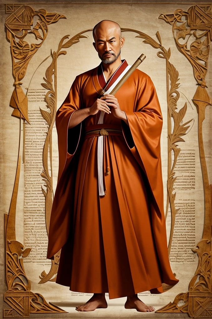 A scholarly figure in robes, holding a quill and parchment, symbolizing wisdom and inspiration. The figure should have a thoughtful expression, evoking the essence of stoic philosophers and Shaolin monks. The design should be clean, elegant, and convey a sense of education and enlightenment