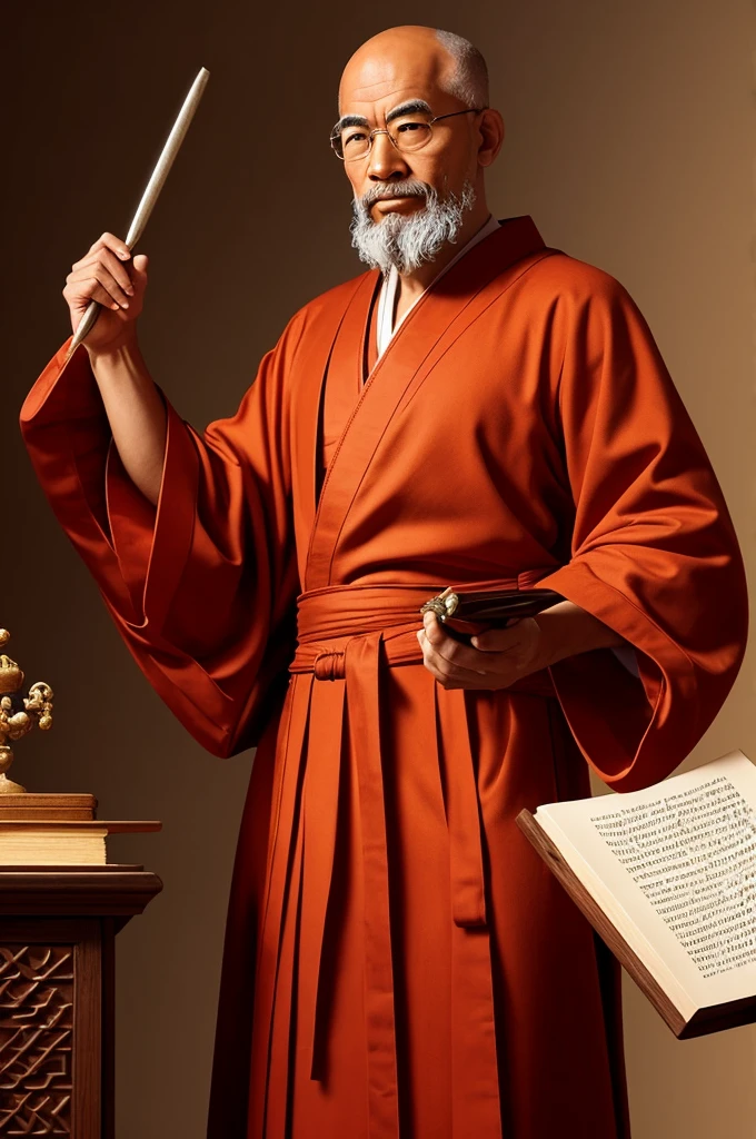 A scholarly figure in robes, holding a quill and parchment, symbolizing wisdom and inspiration. The figure should have a thoughtful expression, evoking the essence of stoic philosophers and Shaolin monks. The design should be clean, elegant, and convey a sense of education and enlightenment