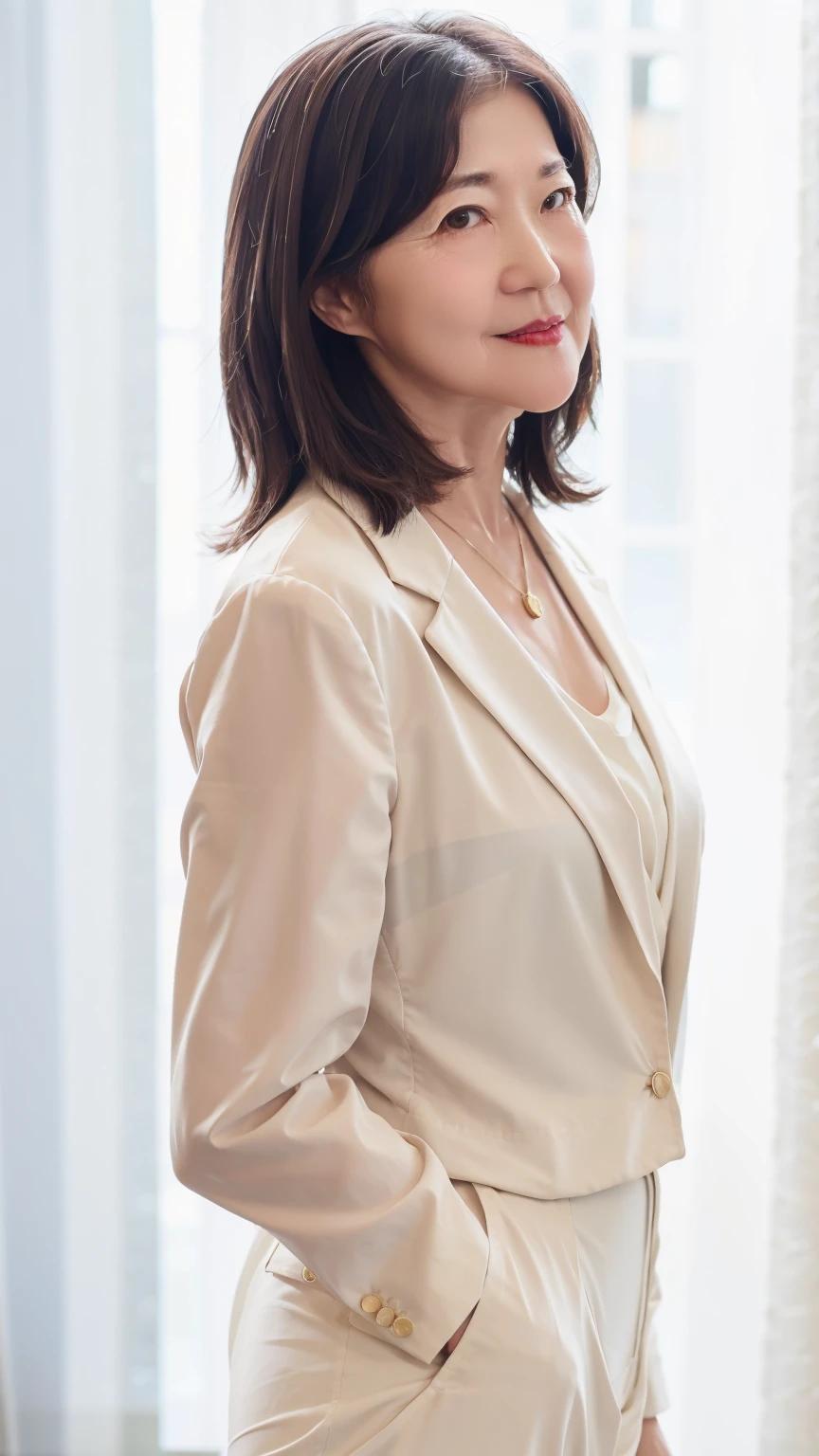 60-year-old female, Soft headlight,High-density imaging,(Clean and delicate face),((looking off to the side)),((White suit)),((Various dynamic poses)),((White curtains in the background)),best quality,masterpiece,(Soft colors:1.2)