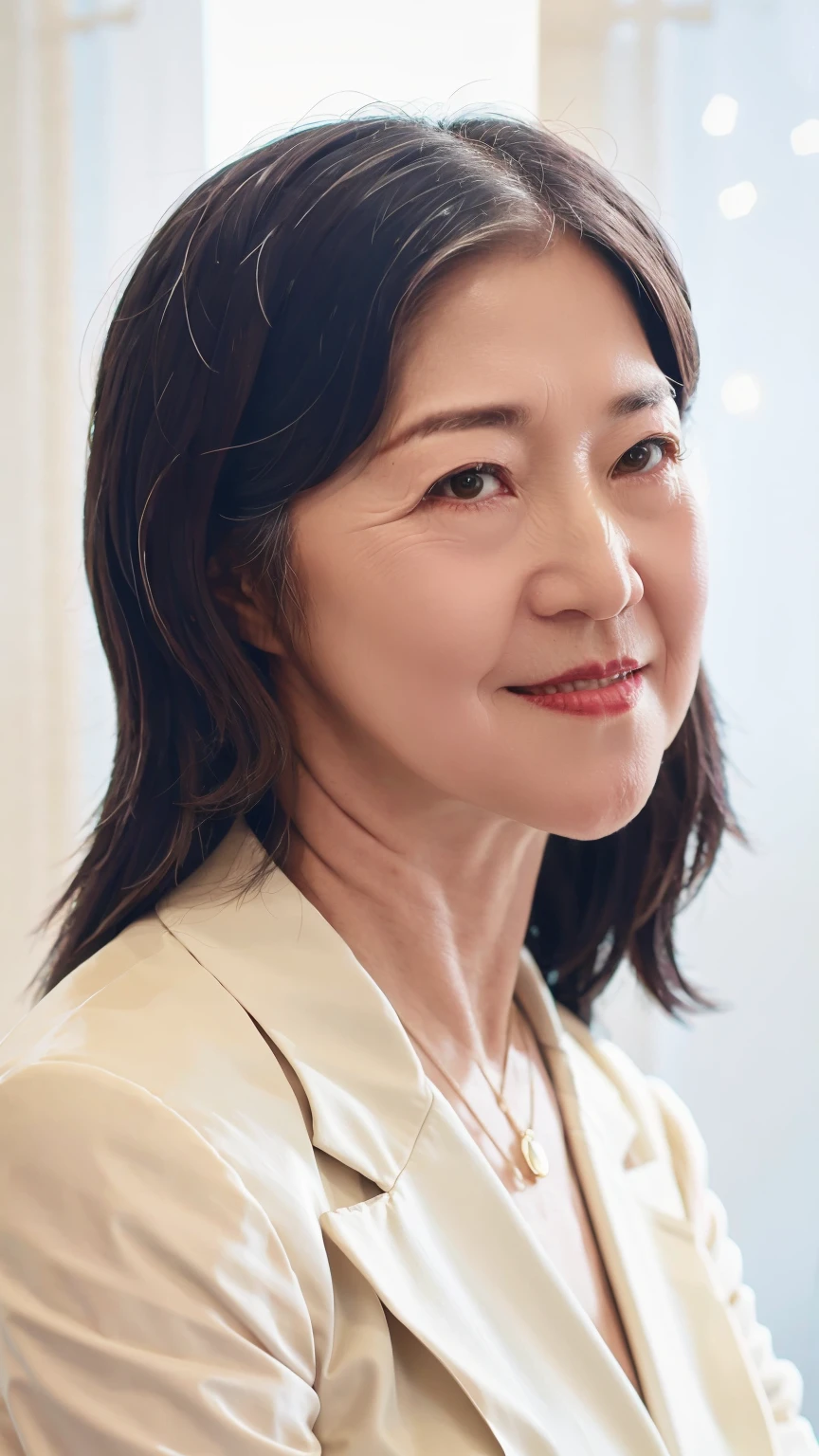 60-year-old female， Soft headlight，High-density imaging，（Clean and delicate face），((looking off to the side))，((White suit))，((Various dynamic poses))，((White curtains in the background))，best quality，masterpiece，（Soft colors：1.2）