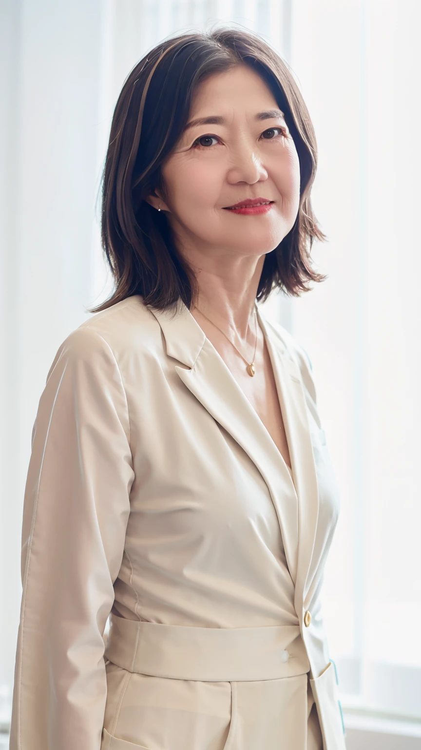60-year-old female, Soft headlight,High-density imaging,(Clean and delicate face),((looking off to the side)),((White suit)),((Various dynamic poses)),((White curtains in the background)),best quality,masterpiece,(Soft colors:1.2)