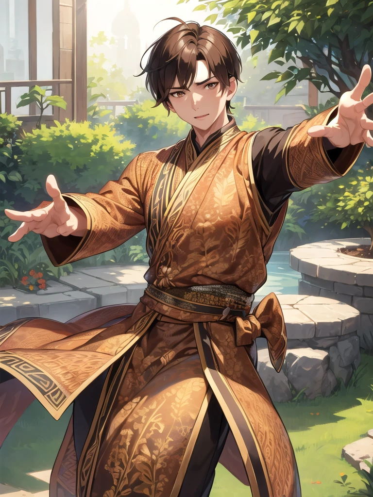 1man, a man with short brown hair, brown eyes, using batik clothes on garden set, dynamic pose, handsome, detailed pattern, batik