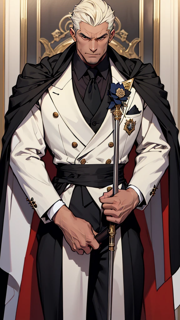 Big body, Man
1. Attire.
- The figure is wearing a white double-breasted suit with a dark tie and a vest underneath. The suit is adorned with several buttons, and the overall appearance is very sharp and formal.
- Over the suit, the figure has a large, dark fur-trimmed cape draped over the shoulders, adding a sense of grandeur and authority to the appearance.
- The figure's right arm is holding a cane or a staff, indicating a possible sense of authority or power.
2. Pose.
- The figure stands confidently with the left arm slightly bent and the hand resting on the hip, while the right arm holds the cane firmly.
- The posture is upright and commanding, suggesting confidence and control.
3. Face and Head.
- The head and face of the figure are not visible; they are shrouded in darkness or simply not drawn, which adds an element of mystery to the character.
4. Details.
- The fur trim on the cape is detailed and appears luxurious, indicating high status or wealth.
- The suit is well-fitted and meticulously designed, reinforcing the impression of a powerful and wealthy individual.
5. Body.
- Big body, a mobster Man