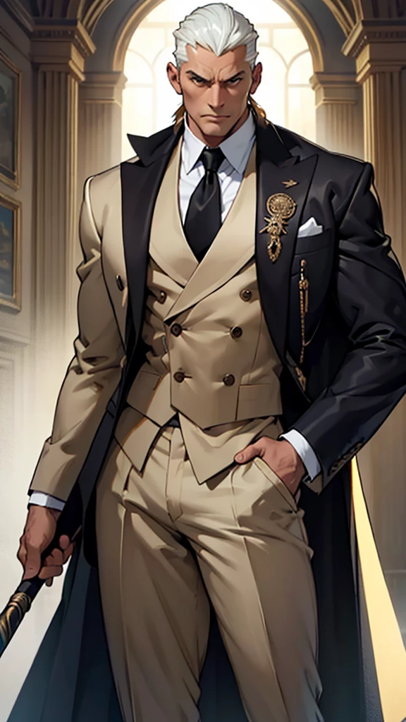 Big body, Man

1. Attire.
   - The figure is wearing a white double-breasted suit with a dark tie and a vest underneath. The suit is adorned with several buttons, and the overall appearance is very sharp and formal.
   - Over the suit, the figure has a large, dark fur-trimmed cape draped over the shoulders, adding a sense of grandeur and authority to the appearance.
   - The figure's right arm is holding a cane or a staff, indicating a possible sense of authority or power.

2. Pose.
   - The figure stands confidently with the left arm slightly bent and the hand resting on the hip, while the right arm holds the cane firmly.
   - The posture is upright and commanding, suggesting confidence and control.

3. Face and Head.
   - The head and face of the figure are not visible; they are shrouded in darkness or simply not drawn, which adds an element of mystery to the character.

4. Details.
   - The fur trim on the cape is detailed and appears luxurious, indicating high status or wealth.
   - The suit is well-fitted and meticulously designed, reinforcing the impression of a powerful and wealthy individual.

5. Body.
   - Big body, a mobster Man