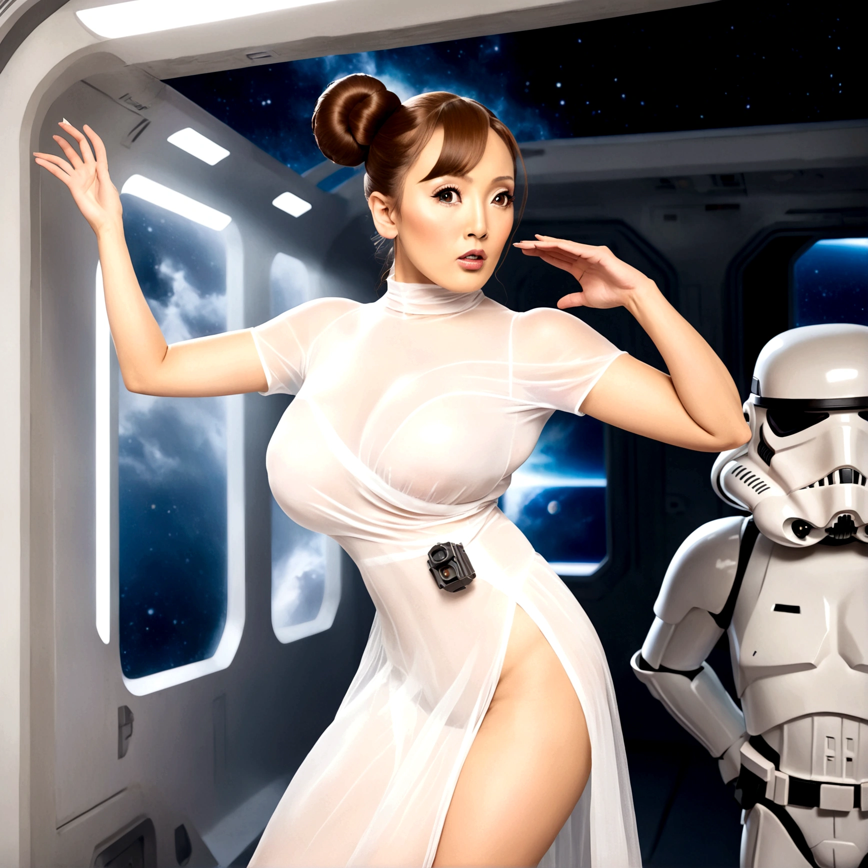 Hitomi Tanaka as Princess Leia, (translucent white sheer gown extremely revealing, iconic side bun hairdo,) she is making dramatic poses as she flees stormtroopers, on a space station