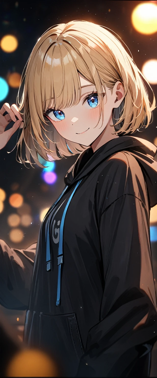 (((One girl))), blond hair, bob cut, (upper body), (looking at viewer), (((blue eye))), (from side), from berow, ((Happy Smile)), black hoodie, hand in own hair, anime style, (best quality, 4k, 8k, highres, masterpiece:1.2), ultra-detailed, ultra-detailed eyes, HDR, UHD, studio lighting, ultra-fine painting, sharp focus, physically-based rendering, extreme detail description, professional, vivid colors, bokeh)