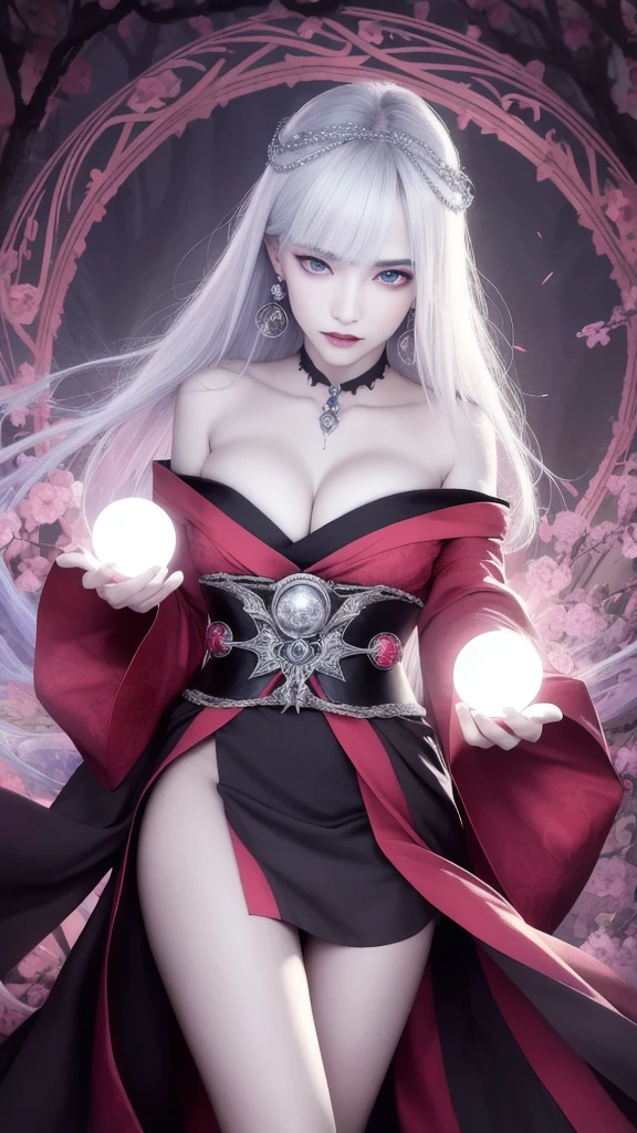 (masterpiece, top quality, 1 female, solo, exquisite details, chromatic aberration), (realistic), (skin), ((breathing)), (silver hair, blunt bangs, short cut straight long hair, short cut bangs, silver hair), beautiful hair, red headdress, blue highlights, hair over one eye, cute eyes,purple eyes, thick lips, earrings, piercing eyes, ((pink and white kimono)), ((symmetrical eyes)), ((perfectly symmetrical body)), ((perfectly symmetrical hands)), (purerosface_v1:0.3), night, (((self, natural light))), bright lighting, flowers blooming in the background, front of viewer, ((central shot, from the front, (face and waist))), mysterious atmosphere, flowers blooming around, light colored background, fortune teller in kimono, beautiful fortune teller, fortune teller, dark fantasy female fortune teller, female fortune teller, f Fantasy photography, magician, witch fairy tale, Japanese style, elegant cinematic fantasy art, fantasy woman, magician portrait, casting a spell, fortune teller, unsexy kimono, A powerful wizard stands in a mysterious forest, fluttering robes adorned with symbols, holding a glowing heart crystal ball, eyes glowing with mystical energy, spells leaking from his mouth, vivid swirling patterns of black magic pulsating in hues of red and blue appear in the air, magic permeates, flowers bloom and sacred creatures gaze in awe, threads of magical energy dance, revealing hidden realms and unravelling secrets, capturing the essence of this enchanting moment and bringing to life the mysterious power of black magic on a canvas of the highest quality and finest detail. Top Quality, Masterpiece, Ultra High Resolution, (Photorealistic: 1.4), RAW Photo, Sharp Focus, High Resolution, Detailed Skin, .