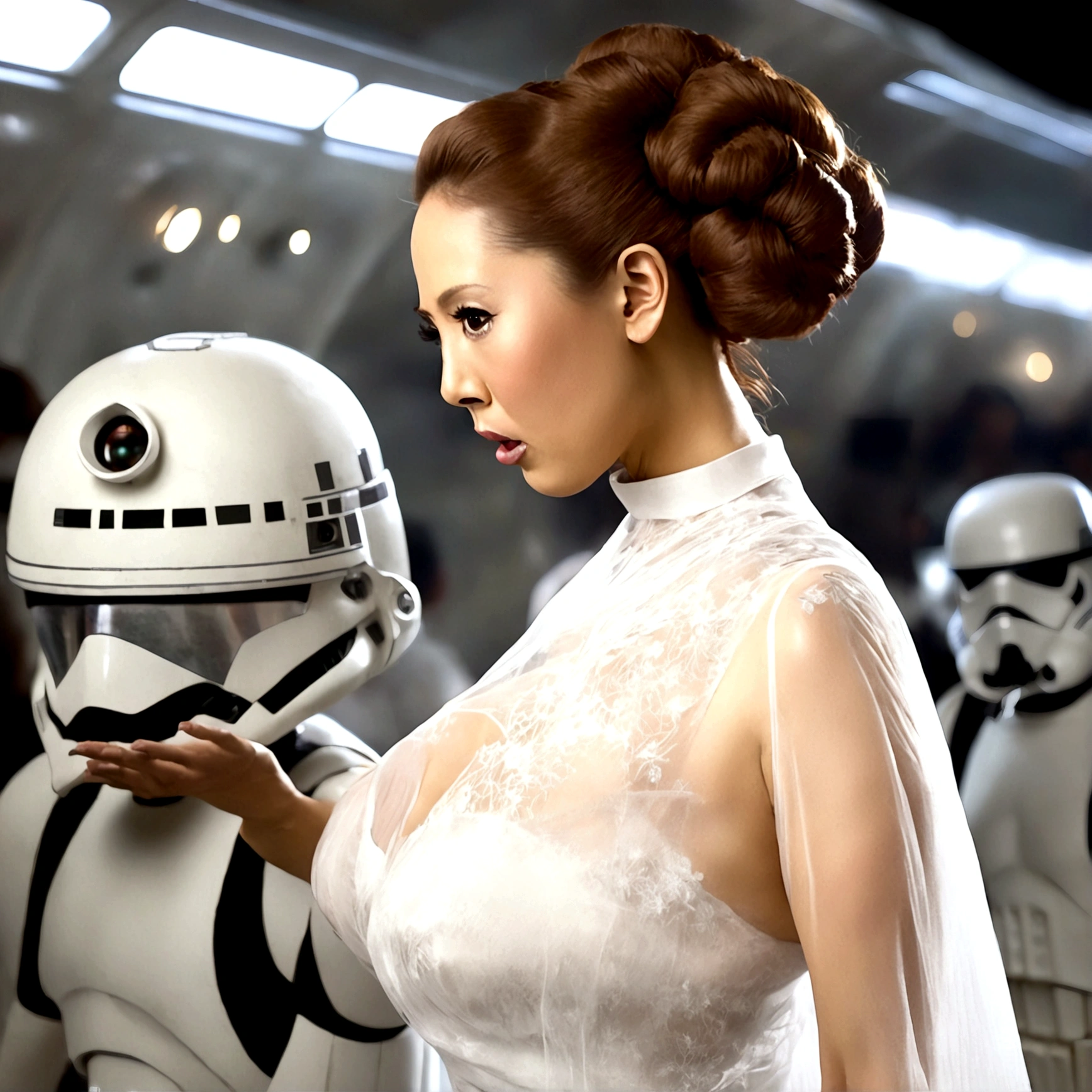 Hitomi Tanaka as Princess Leia, (translucent white sheer gown extremely revealing, iconic side bun hairdo,) she is making dramatic poses as she flees stormtroopers, on a space station