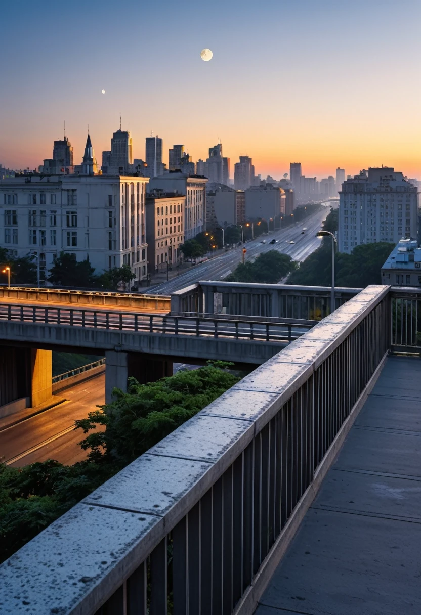 Watching the sunrise leaning against the bridge parapet, clear skies, small white morning moons, early morning city streets,